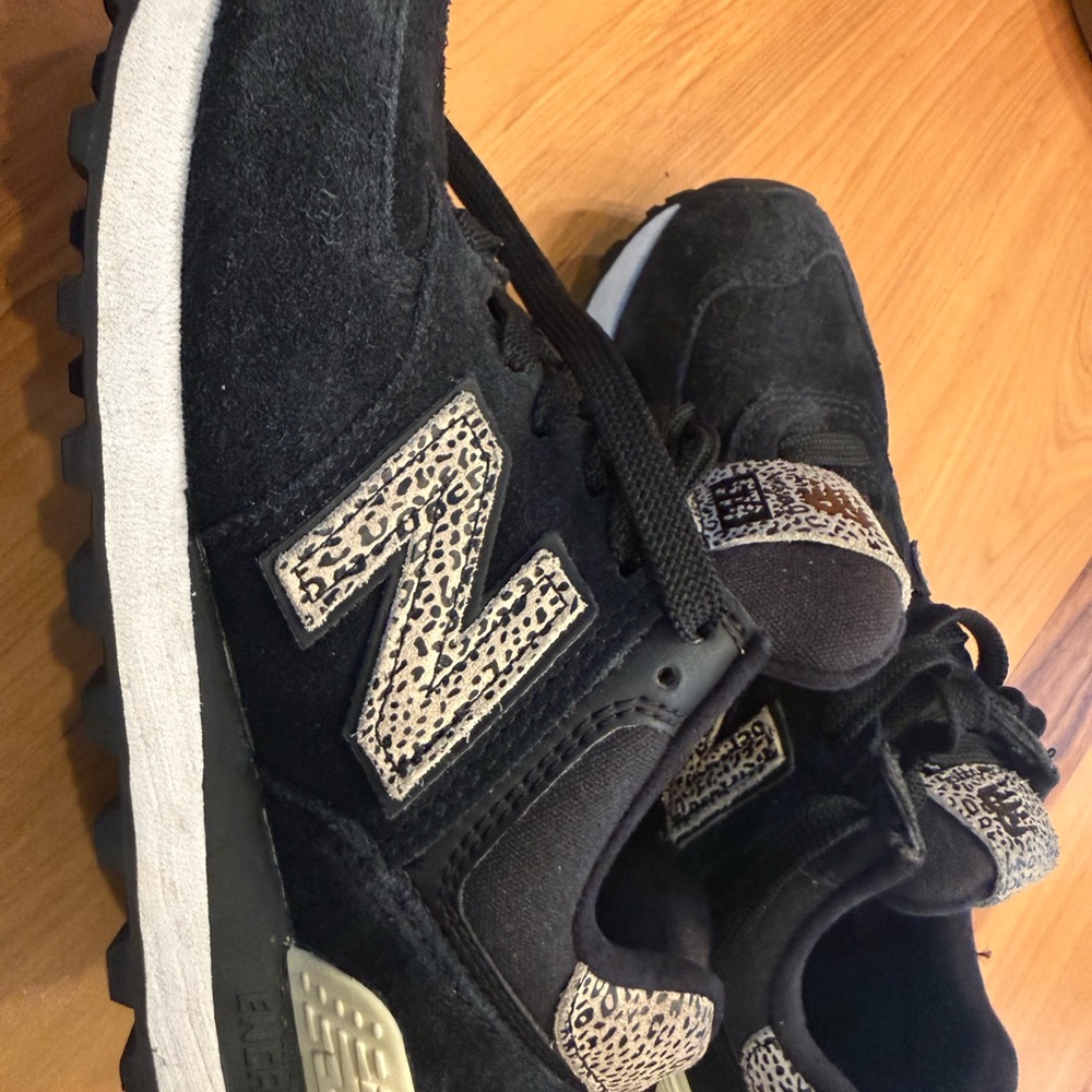 New Balance Black Suede Sneakers with Leopard Print N Logo